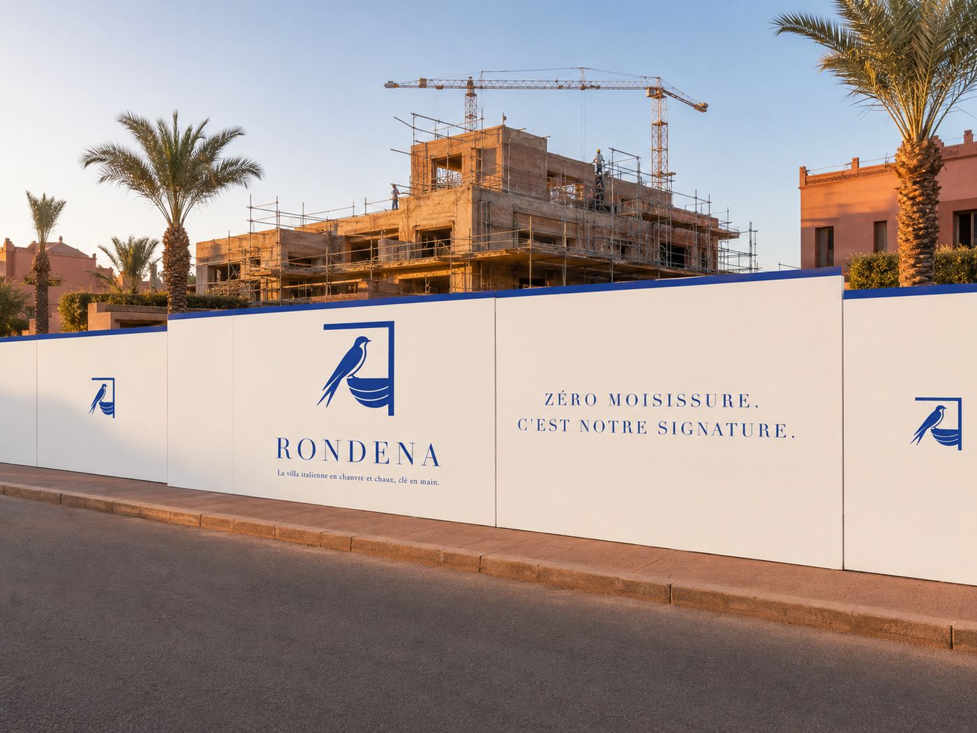 La recinzione di un cantiere Rondena davanti a una villa in costruzione