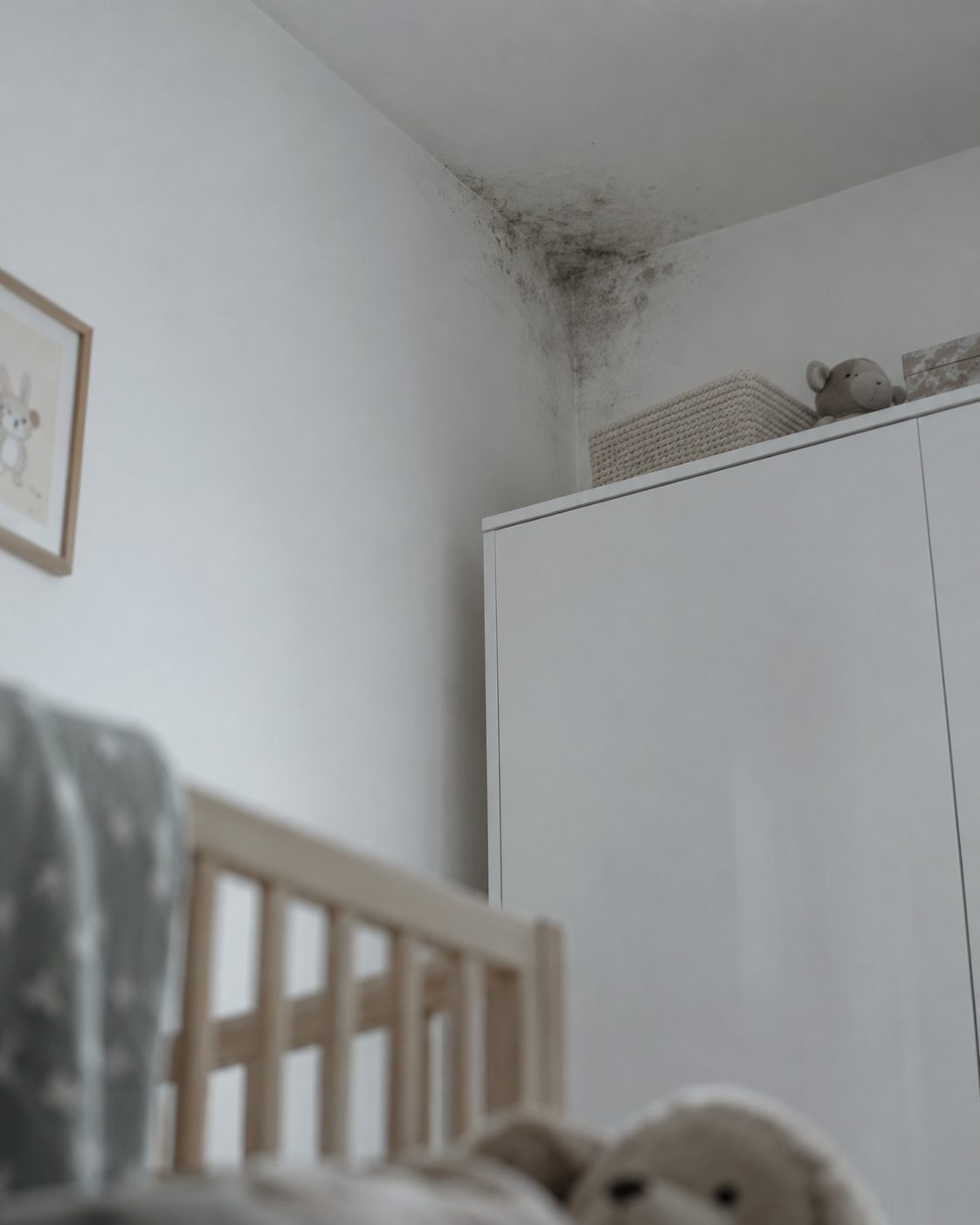 Un’ombra di muffa nell’angolo del soffitto di una cameretta, sopra l’armadio