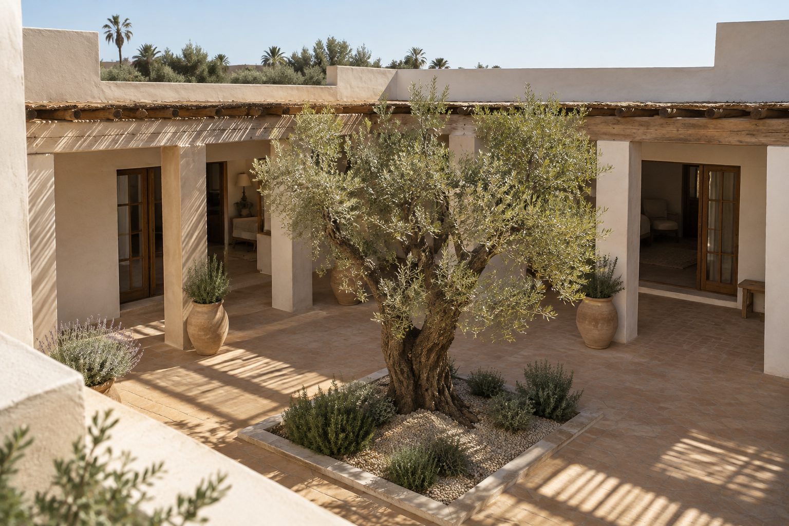 Villa a un piano raccolta attorno a un patio con un ulivo, muri a calce e pergola