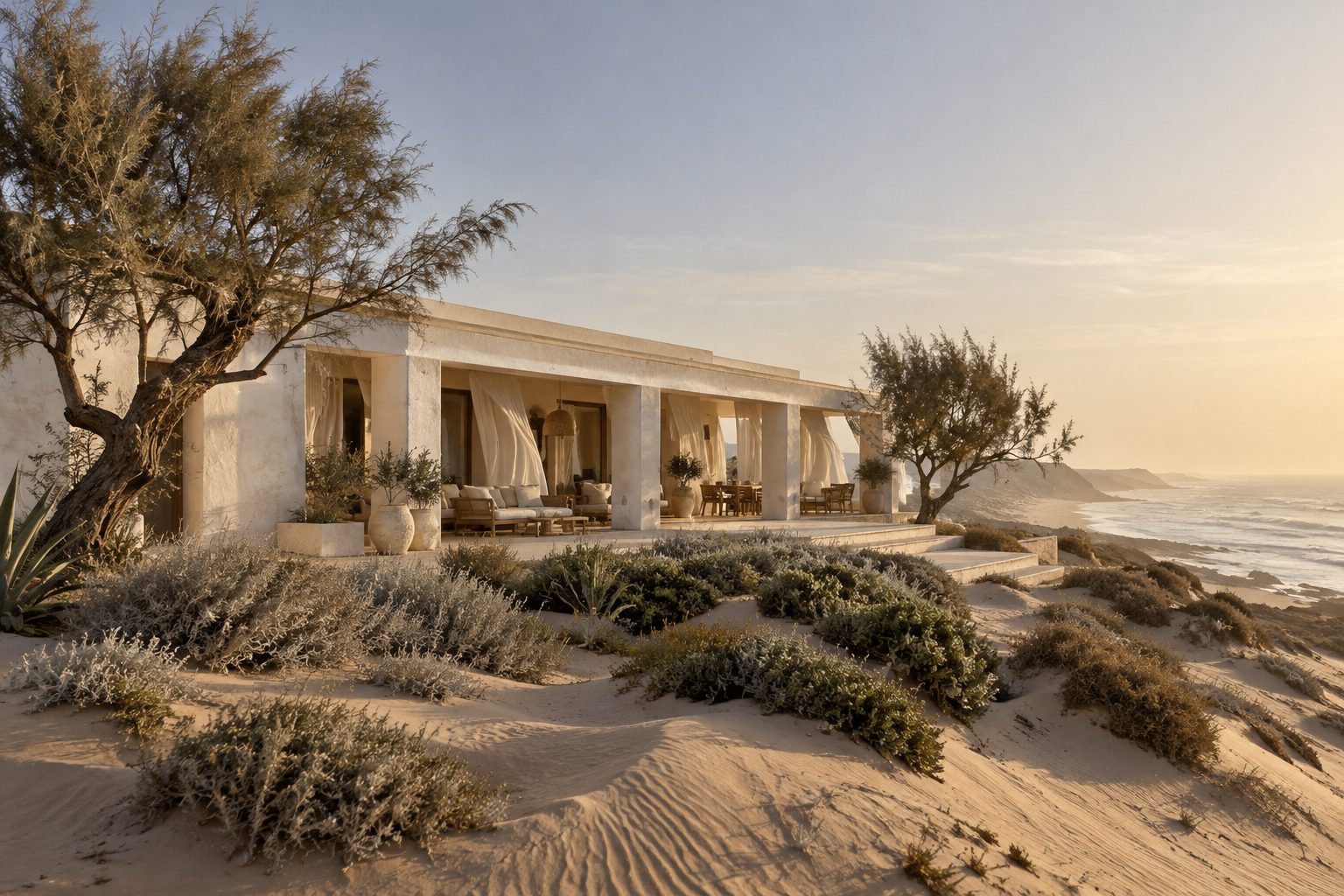 Villa bassa con una loggia profonda davanti all’oceano Atlantico