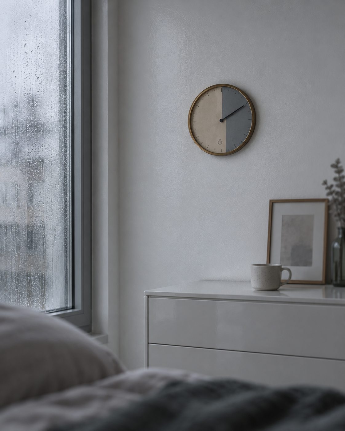 Un igrometro appeso in una camera da letto in una mattina d’inverno, con l’ago nella fascia grigia e il vetro della finestra appannato